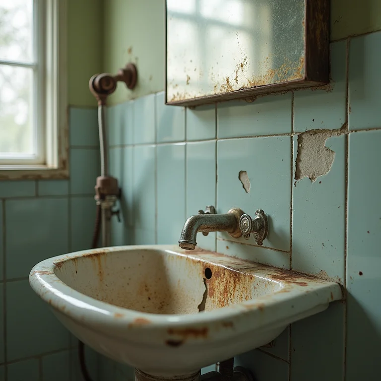 Acessórios de banheiro desatualizados, como um chuveiro enferrujado e uma pia rachada.