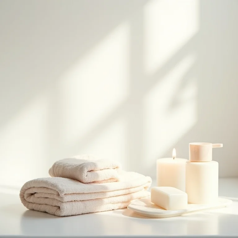 Acessórios de banheiro em tons claros e iluminação estratégica