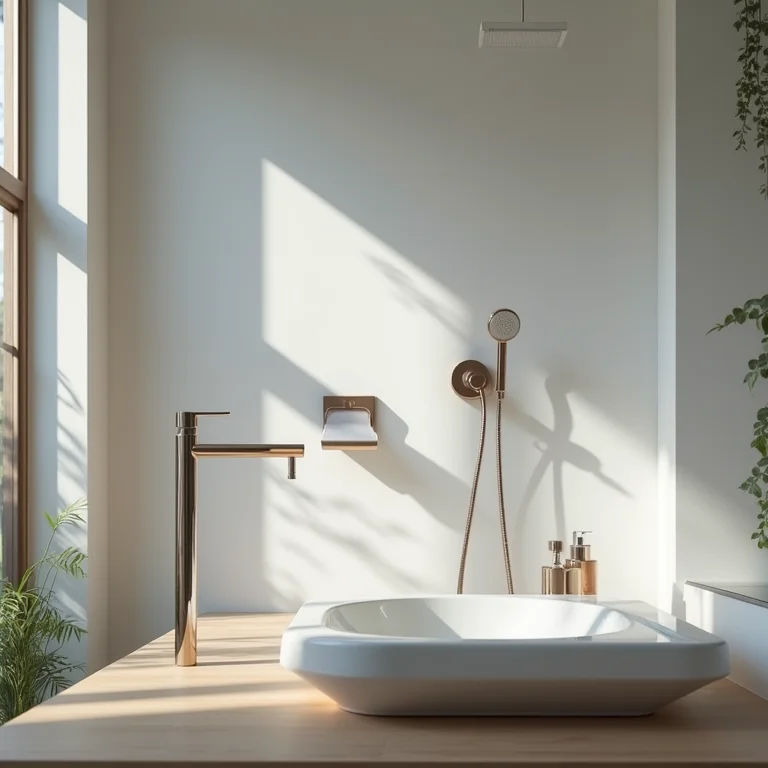 Acessórios de banheiro modernos, incluindo um chuveiro elegante e uma pia contemporânea.