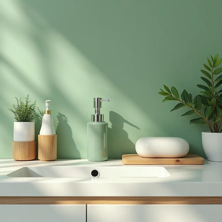 Acessórios de banheiro verdes e de madeira dispostos em uma bancada.