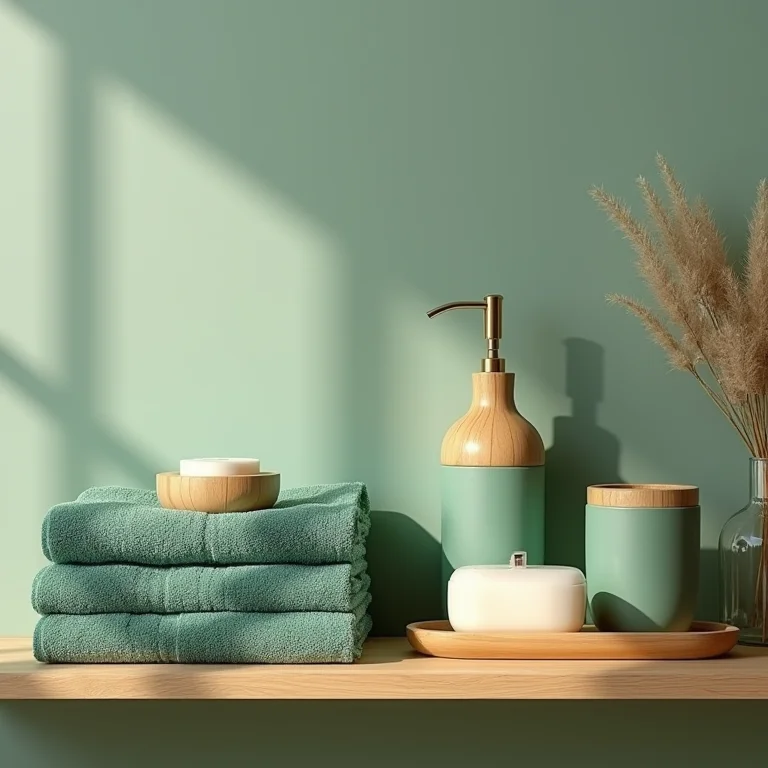 Acessórios de banheiro verdes e de madeira dispostos em uma prateleira.