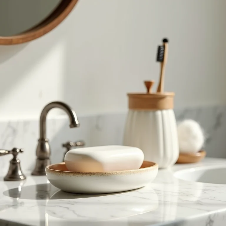 Acessórios para banheiro retrô: saboneteira, porta-escova e pote de algodão em estilo vintage.