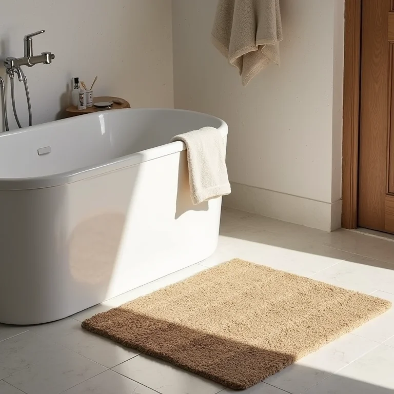 Alternativas seguras e estilosas para tapetes de banheiro: madeira teca, diatomita, laváveis.