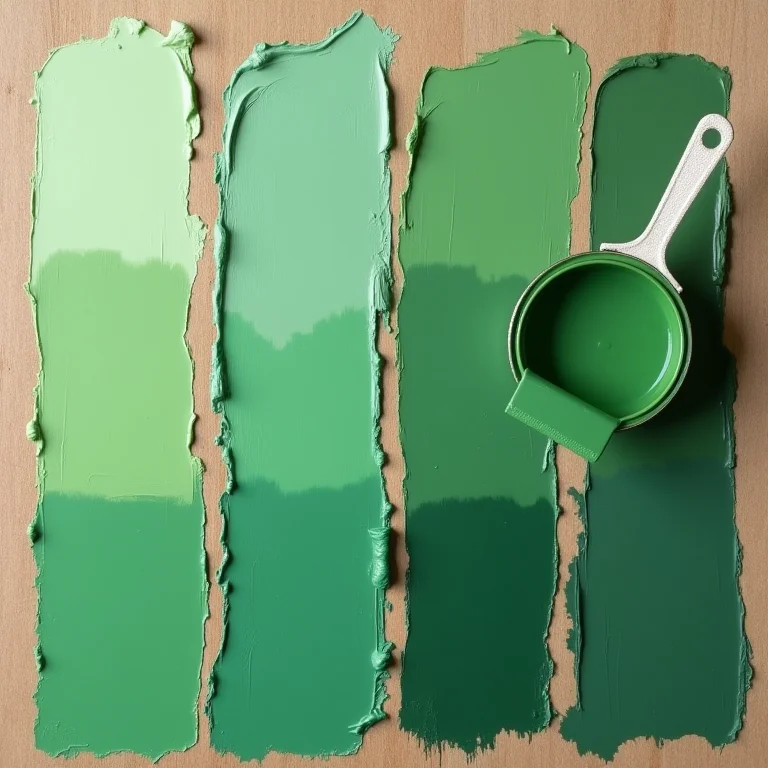 Amostras de diferentes tons de verde sobre uma superfície de madeira.