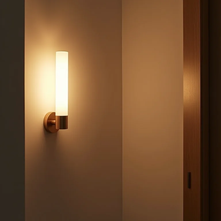 Arandela moderna iluminando um lavabo pequeno.