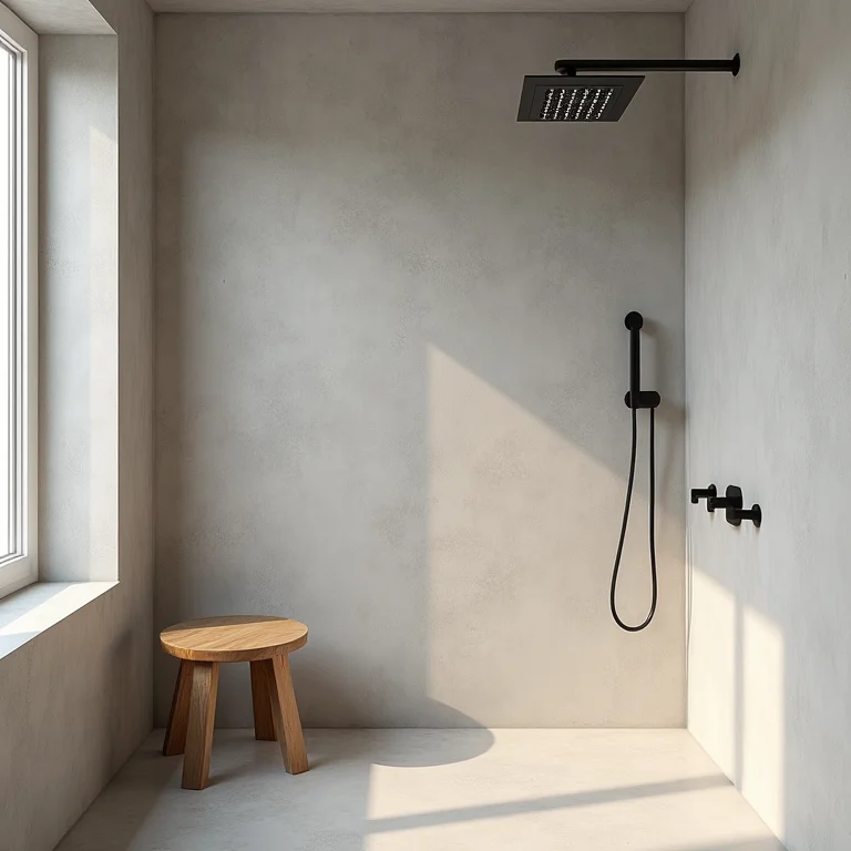 Área de chuveiro minimalista com paredes de concreto e banquinho de madeira