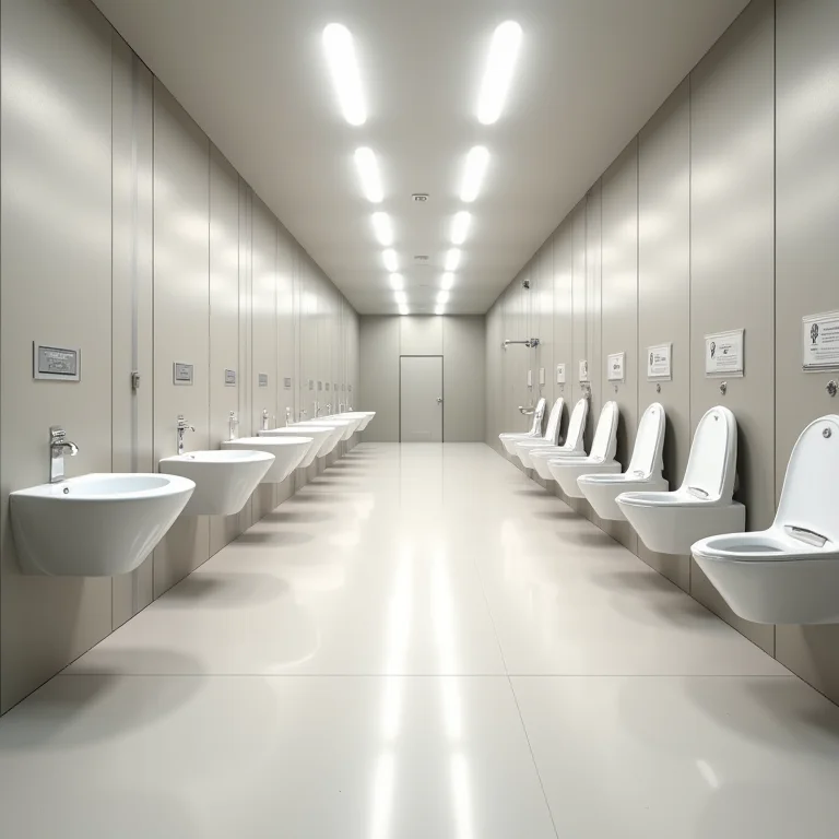 Área de circulação bem definida em banheiro público