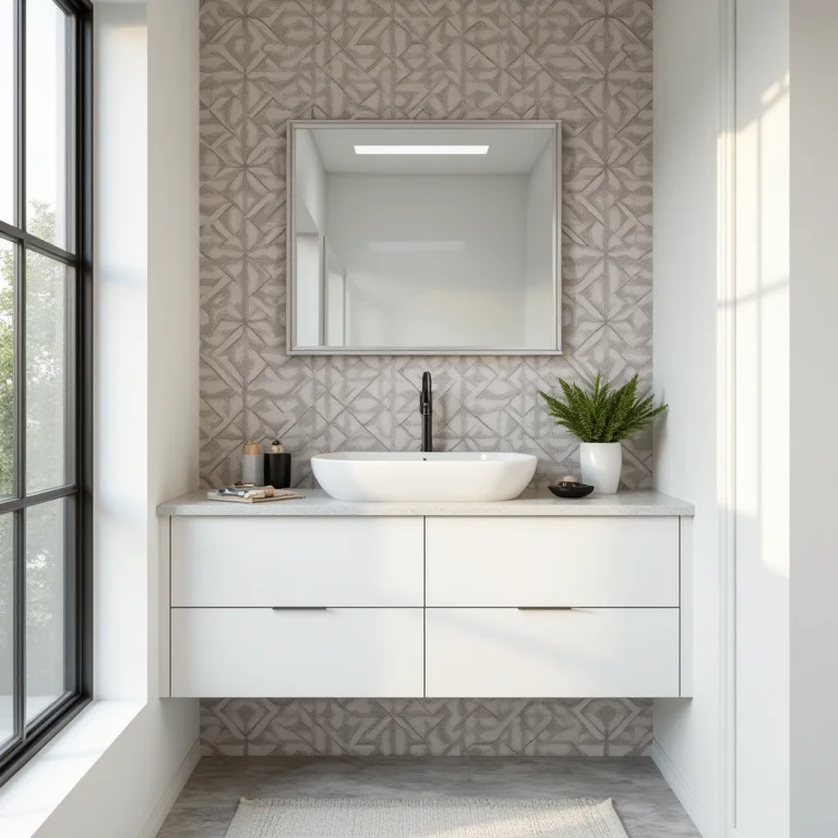 Armário de banheiro com adesivo de papel de parede geométrico.