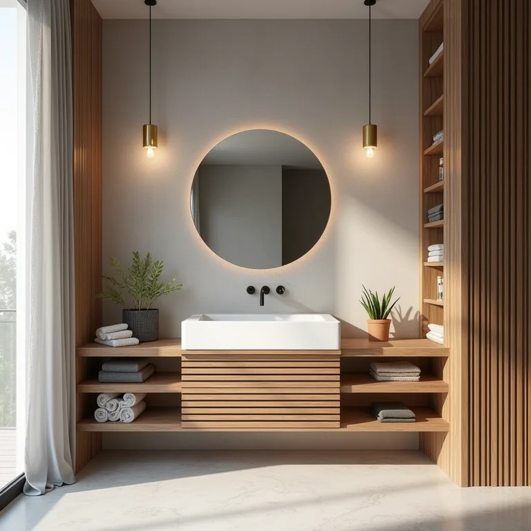 Armário de banheiro com detalhe ripado