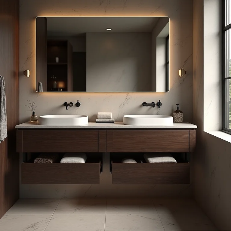 Armários de chão modernos e espaçosos no banheiro