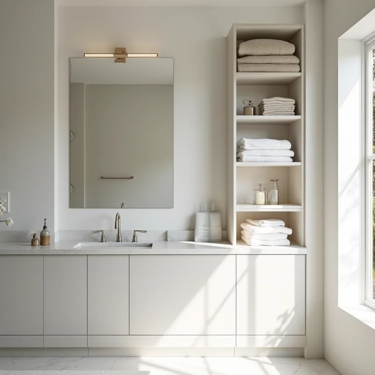 Armazenamento inteligente em banheiro minimalista