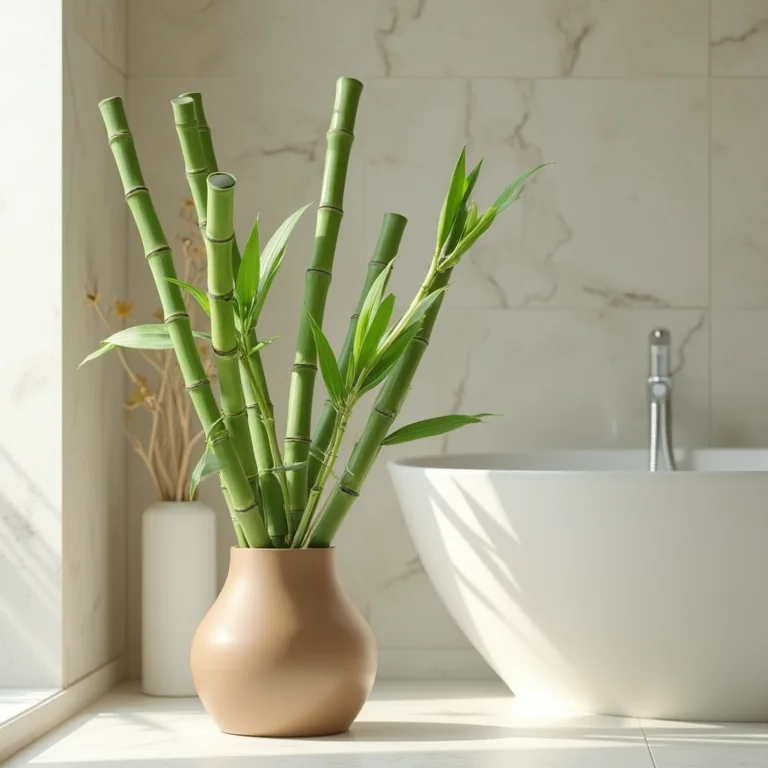 Bambu em vaso decorativo em banheiro minimalista