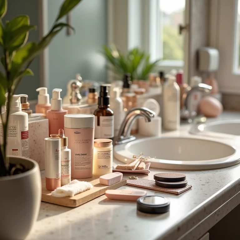 Bancada de banheiro com excesso de produtos