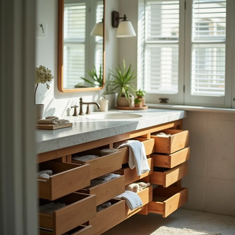 Bancada de banheiro desorganizada com falta de espaço de armazenamento.