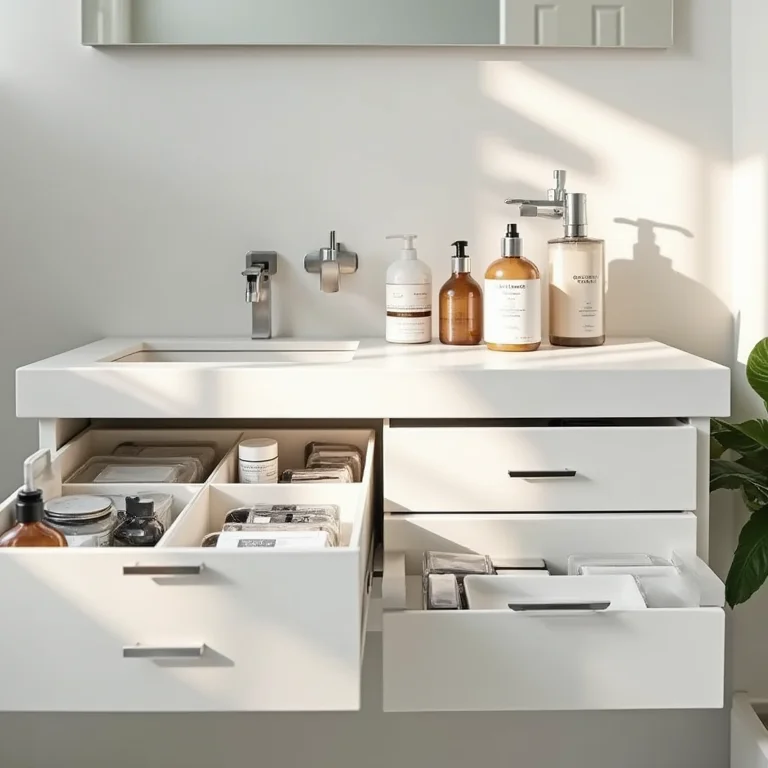 Bancada de banheiro organizada com compartimentos e produtos de beleza