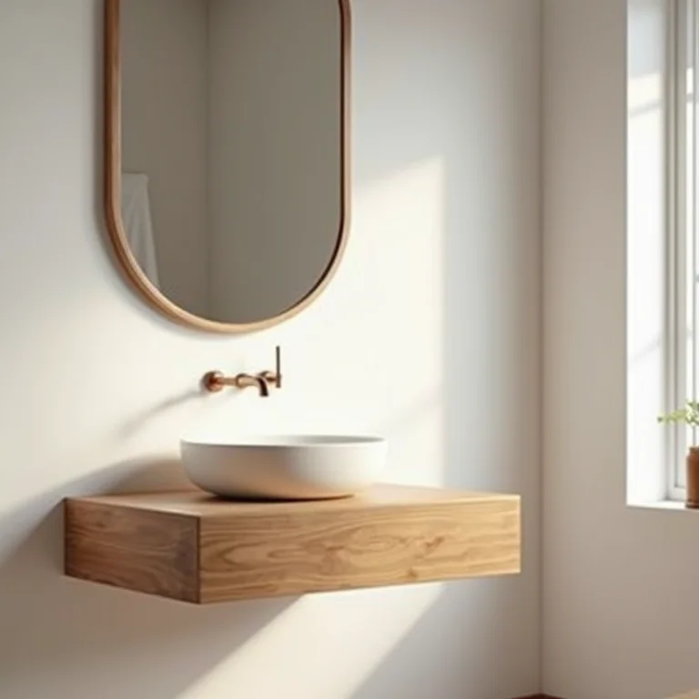 Bancada de madeira com cuba branca em um banheiro minimalista.