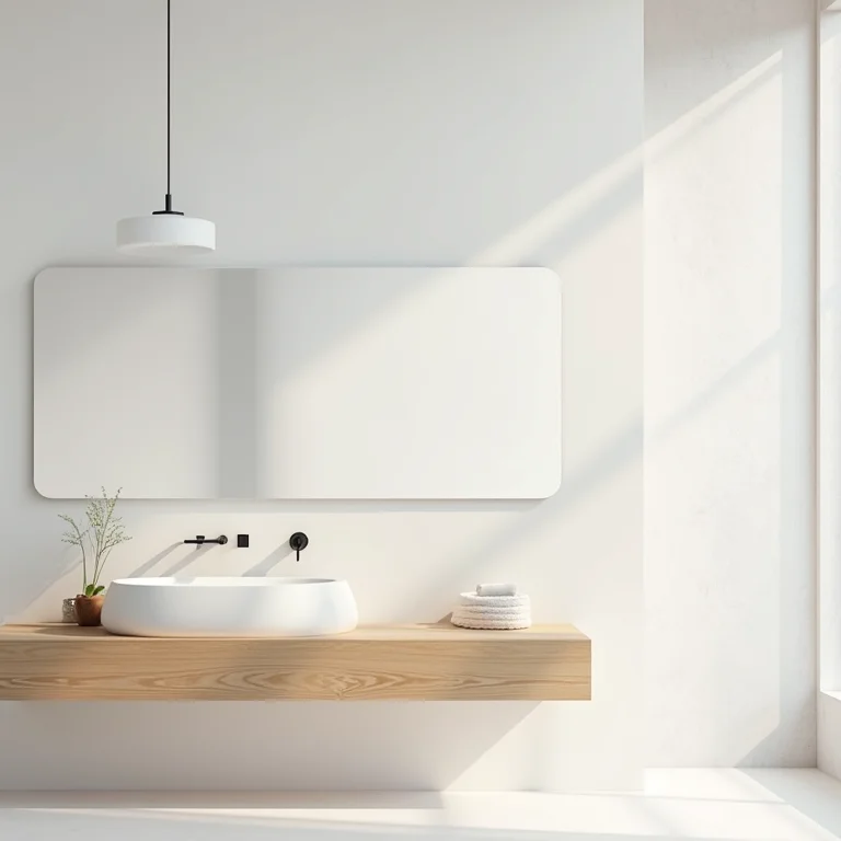 Bancada de madeira e detalhes em madeira em um banheiro branco.