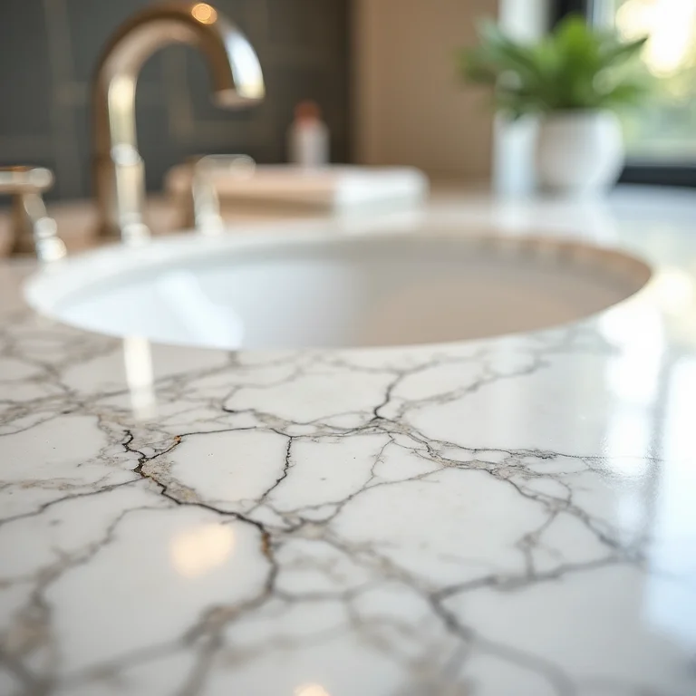 Bancada de mármore rachada e manchada em banheiro de luxo