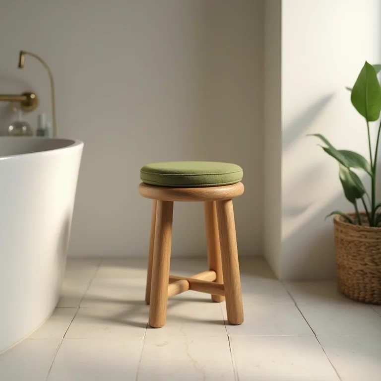 Banco de madeira com almofada verde oliva no banheiro