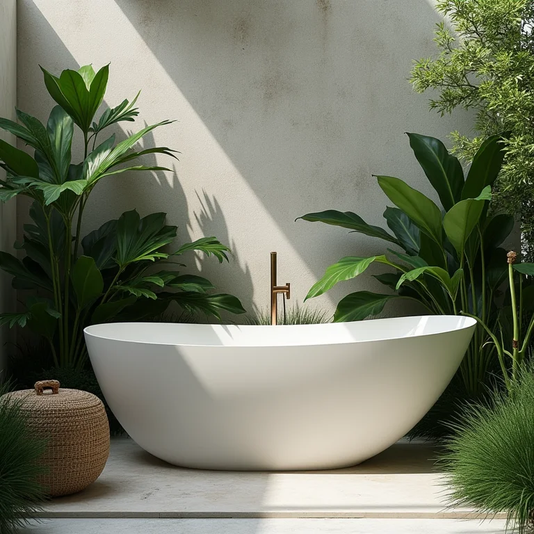Banheira ao ar livre em um jardim exuberante
