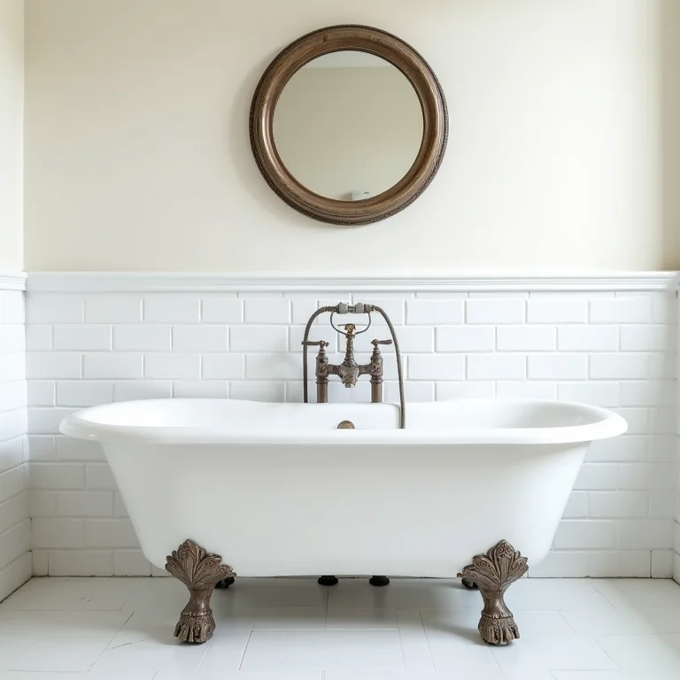 Banheira clássica com azulejos brancos e espelho vintage