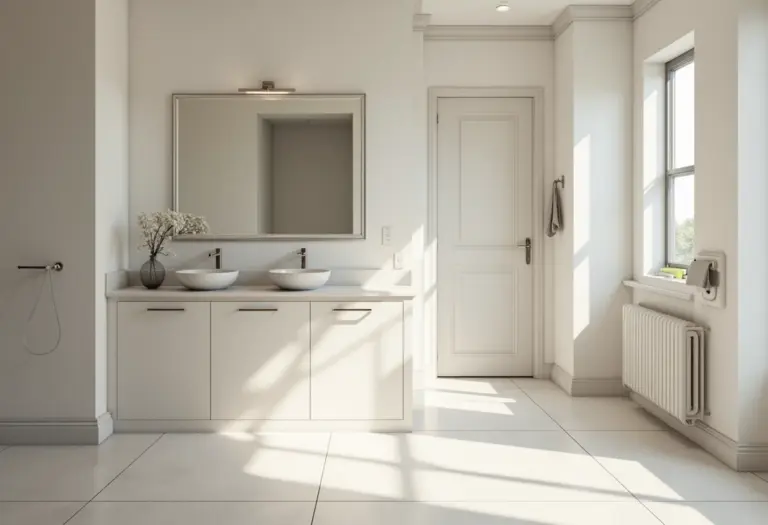 Banheiro acessível com design clean e moderno