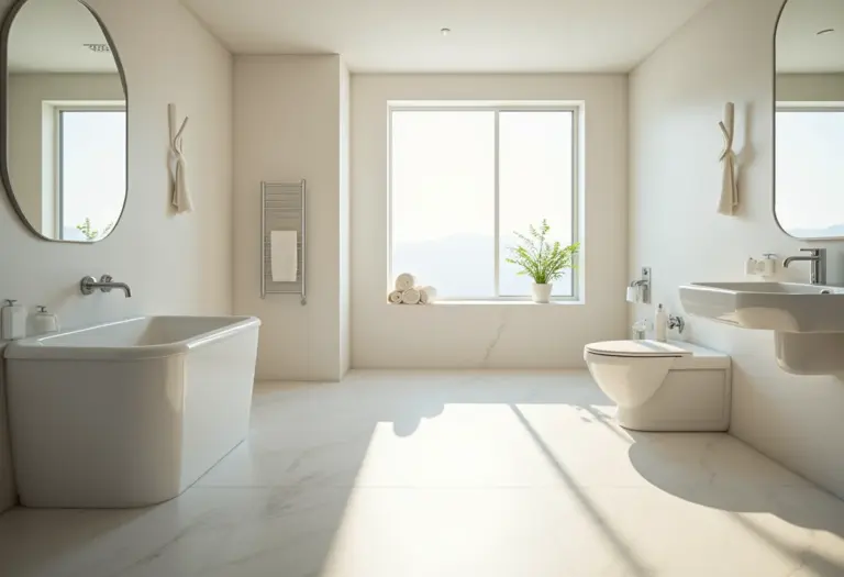 Banheiro acessível com design moderno e iluminação natural.