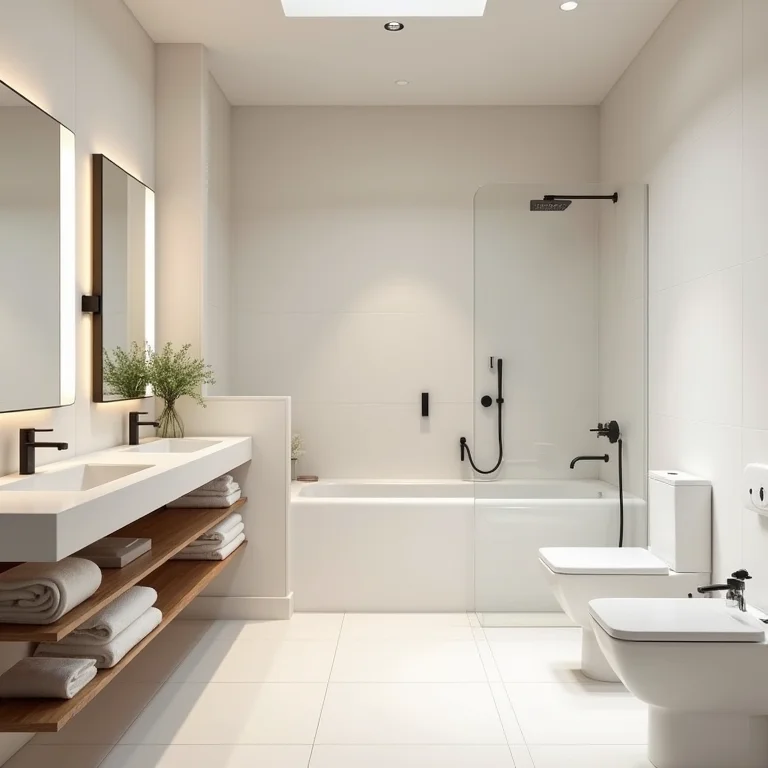 Banheiro acessível e inspirador com design moderno e cores neutras.