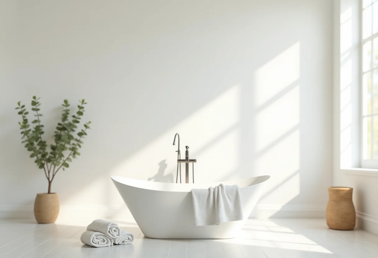 Banheiro aconchegante com banheira, toalhas brancas e decoração minimalista