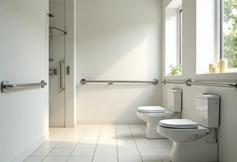 Banheiro adaptado com barras de apoio e piso antiderrapante para segurança de idosos.