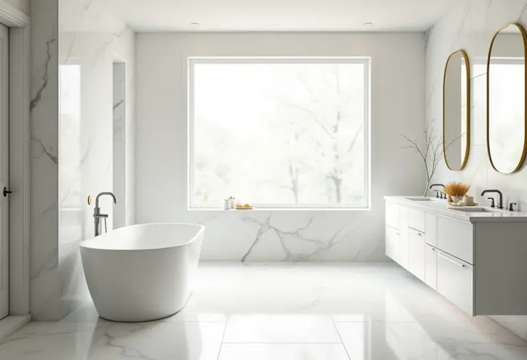 Banheiro americano luxuoso com banheira e luz natural