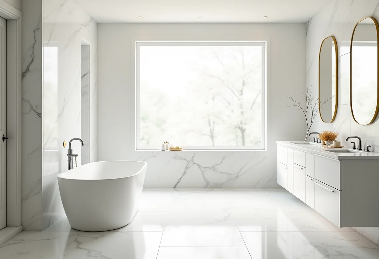 Banheiro americano luxuoso com banheira e luz natural