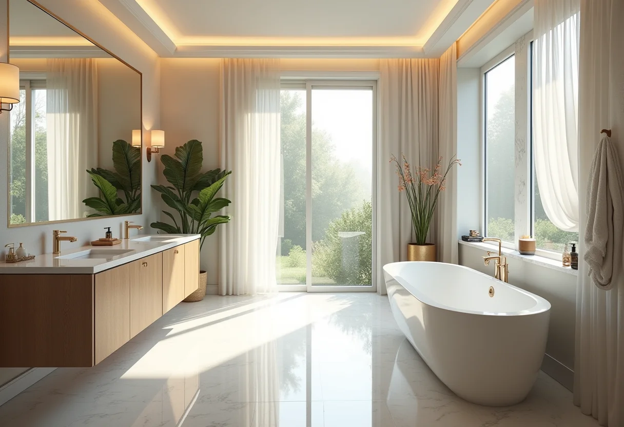 Banheiro amplo e luxuoso com banheira e luz natural suave