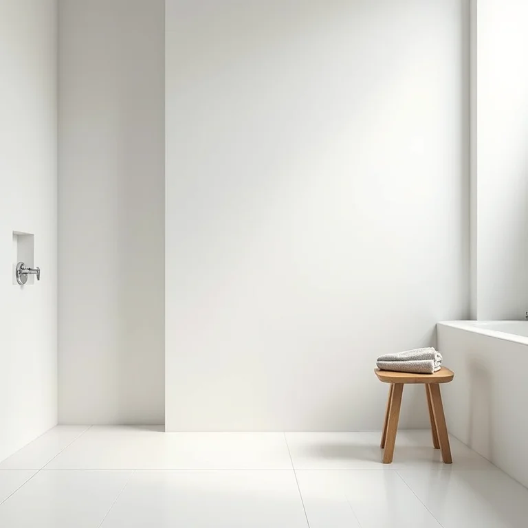 Banheiro atemporal com revestimento cerâmico branco e banco de madeira.