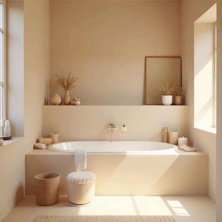 Banheiro bem iluminado com tons de bege bem combinados