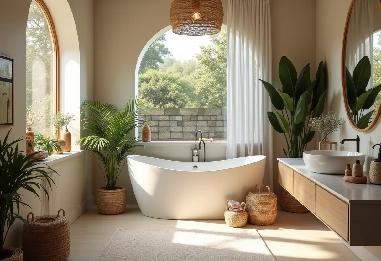 Banheiro boho com banheira, texturas naturais e iluminação suave