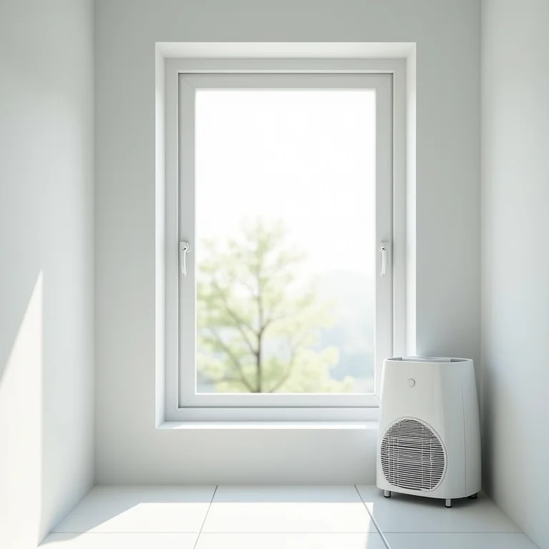 Banheiro branco bem ventilado com janela aberta e desumidificador