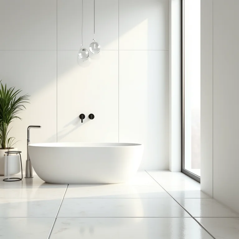 Banheiro branco com grande janela e iluminação natural abundante