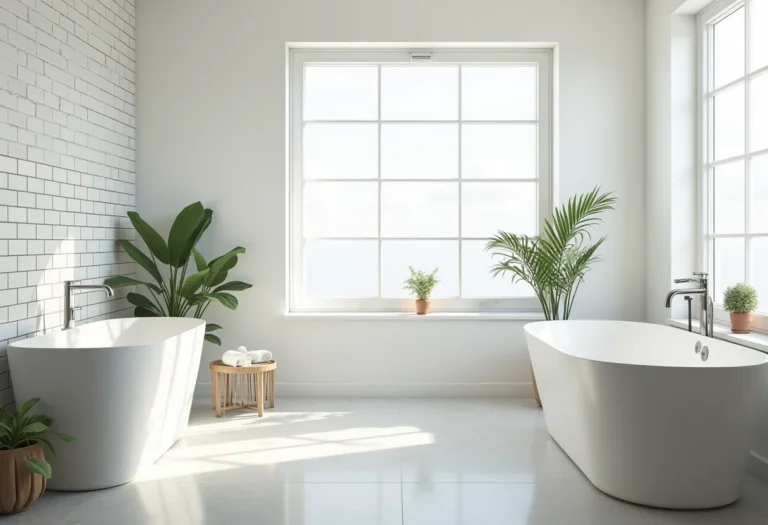 Banheiro branco e cinza minimalista com banheira e luz natural