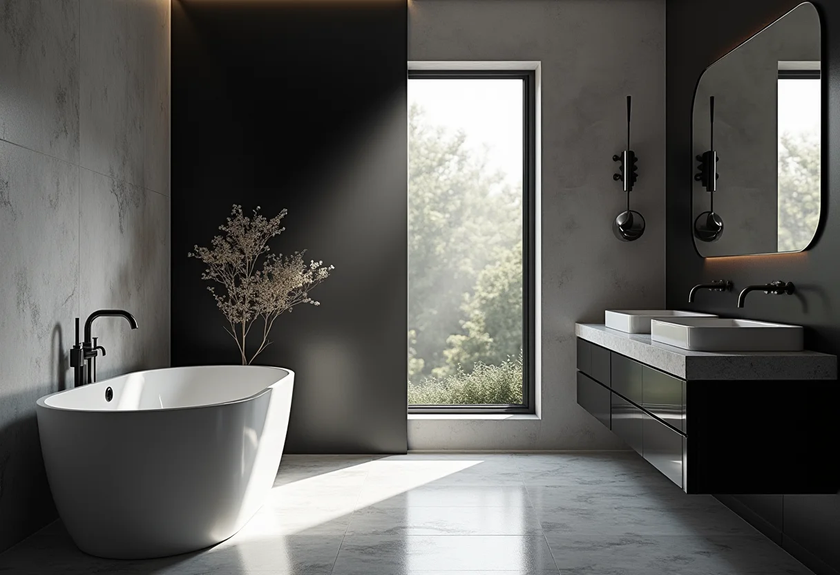 Banheiro branco e preto sofisticado com luz natural