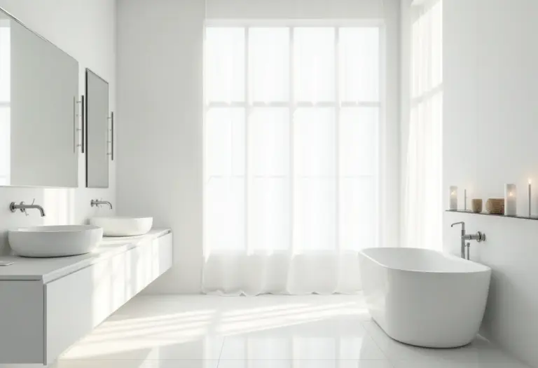 Banheiro branco minimalista com luz natural