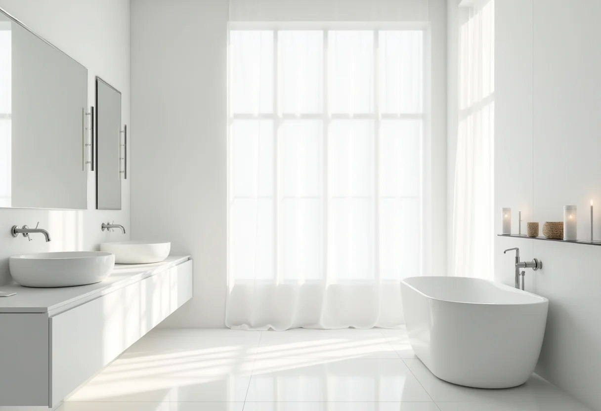 Banheiro branco minimalista com luz natural