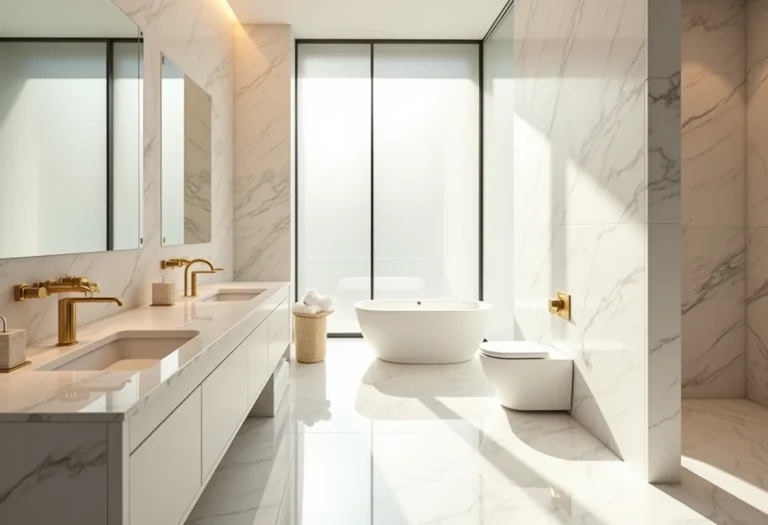 Banheiro chique com mármore e detalhes em dourado