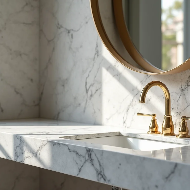 Banheiro cinza com metais dourados