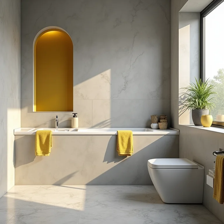 Banheiro cinza e amarelo com toques solares