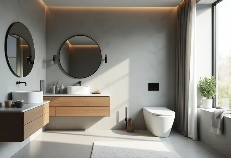 Banheiro cinza e colorido com decoração moderna