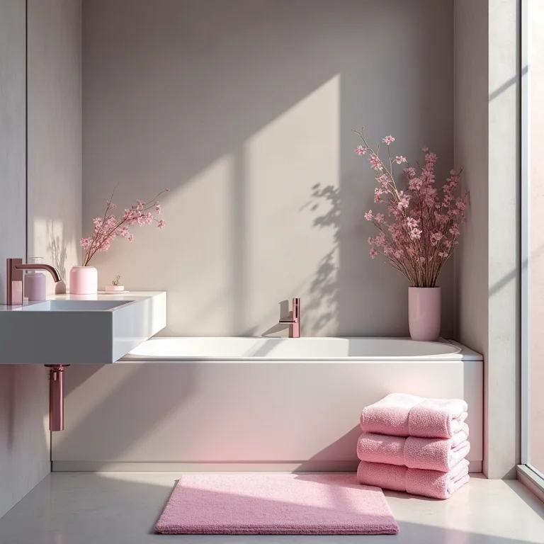 Banheiro cinza e rosa com toque delicado