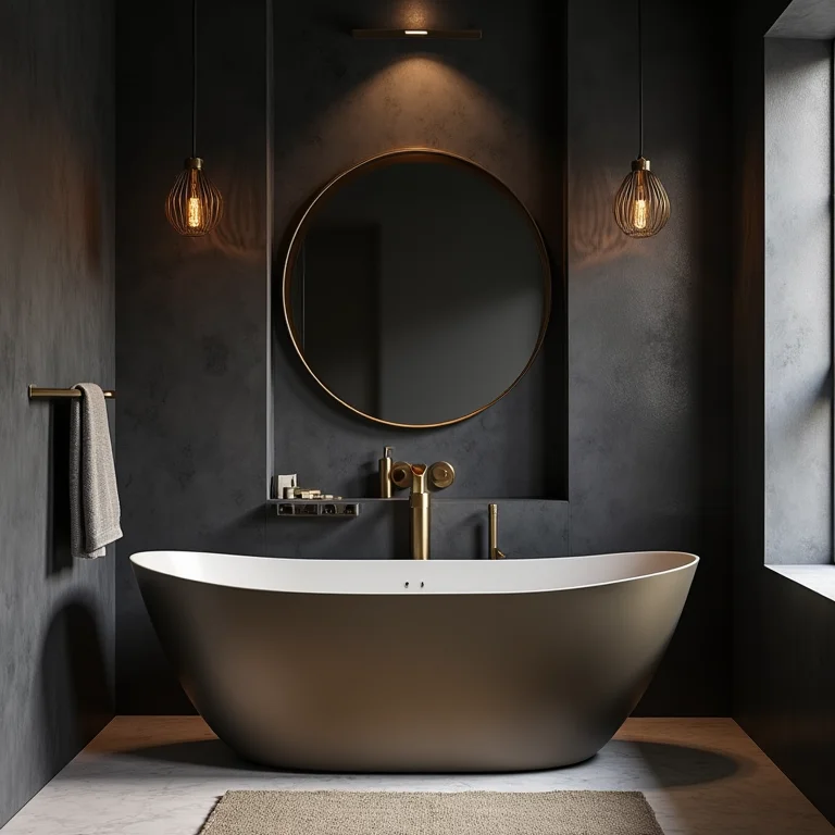 Banheiro cinza escuro com detalhes em dourado