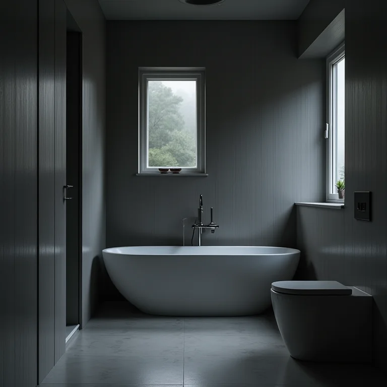 Banheiro cinza mal iluminado com sombras