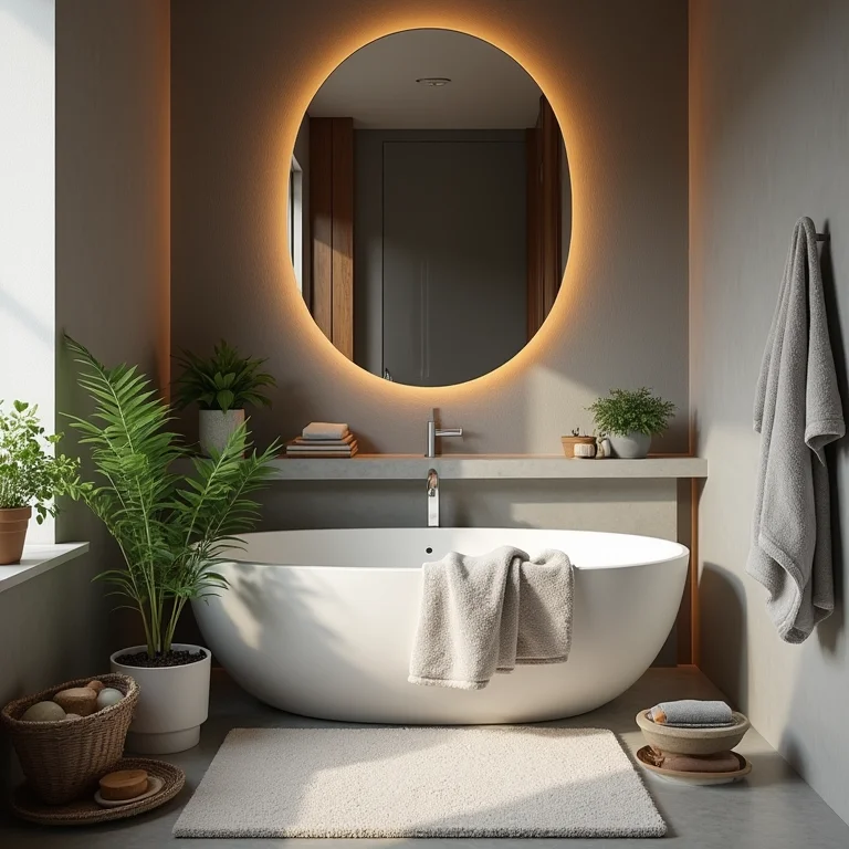 Banheiro cinza quente com elementos de madeira